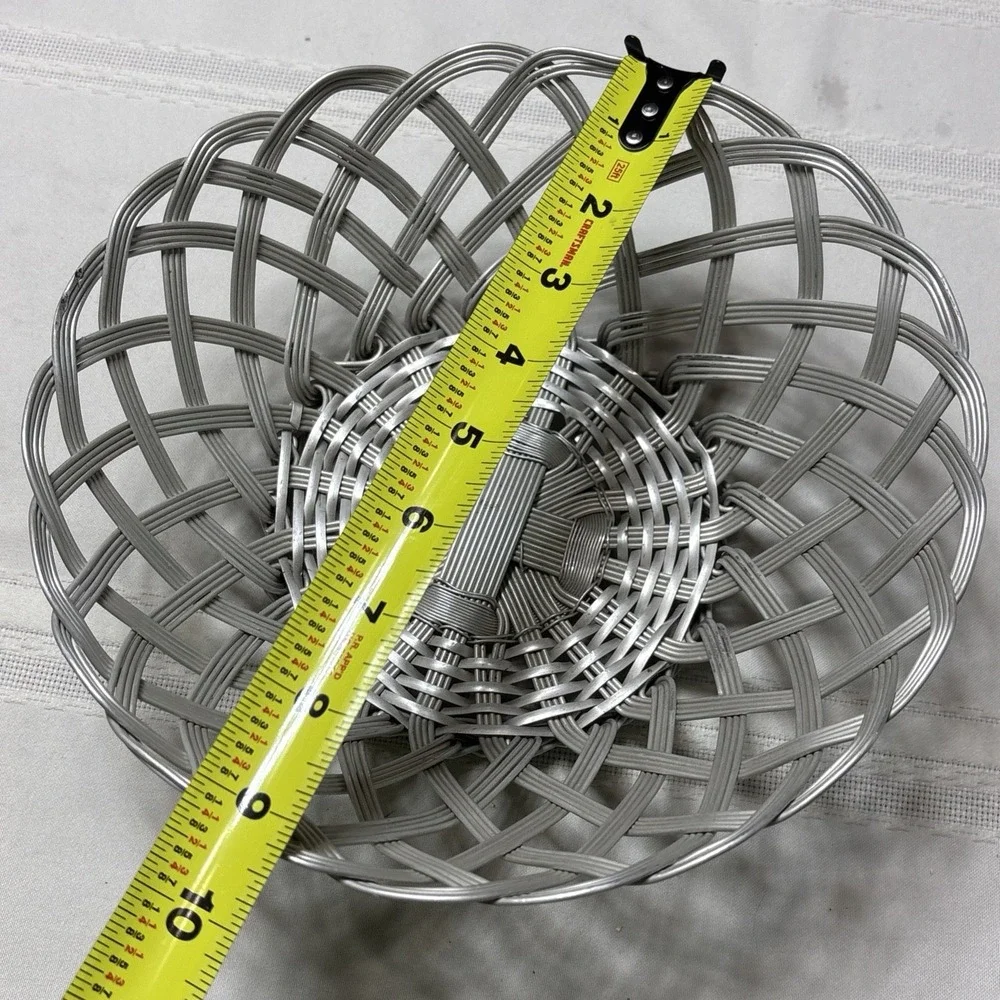 Vtg Aluminum Metal Art Basket Large Woven Bowl Fruits Bread Silver Tone 9.5